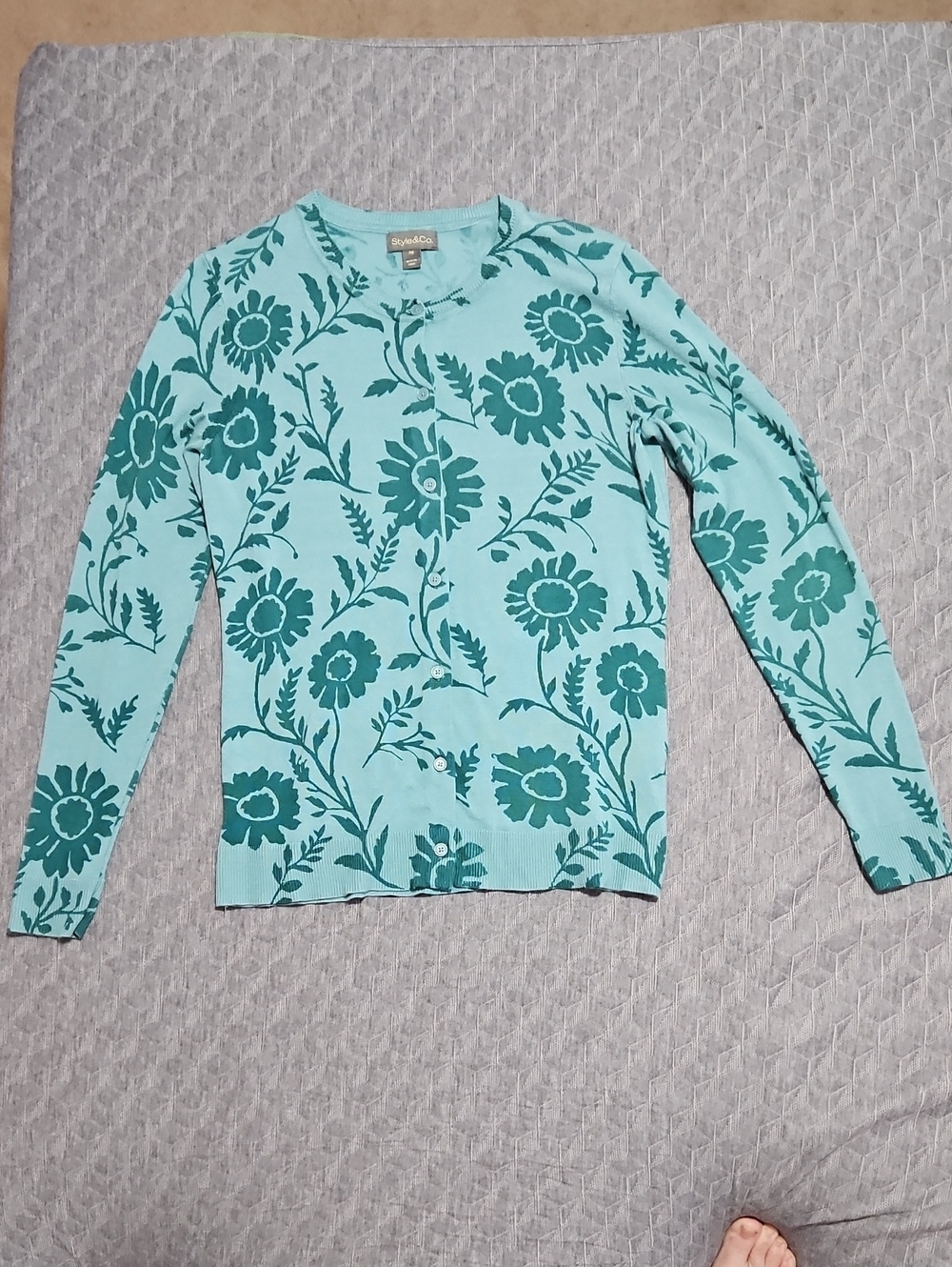 Style & Co. Teal Floral Button-Up Cardigan